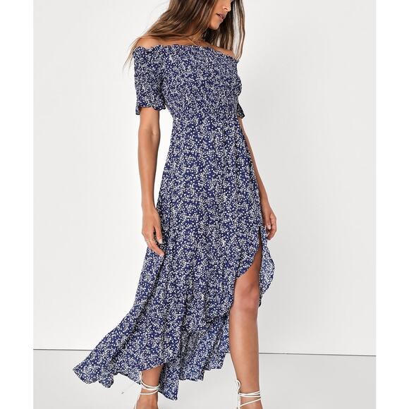 LULUS Fleurtation Floral Print Off Shoulder Midi Dress Navy Blue Medium M - Picture 12 of 12